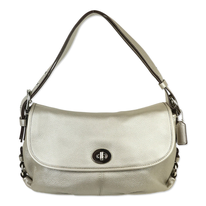 Coach F15170 Metallic Silver Pebbled Leather Flap Legacy Hobo Bag