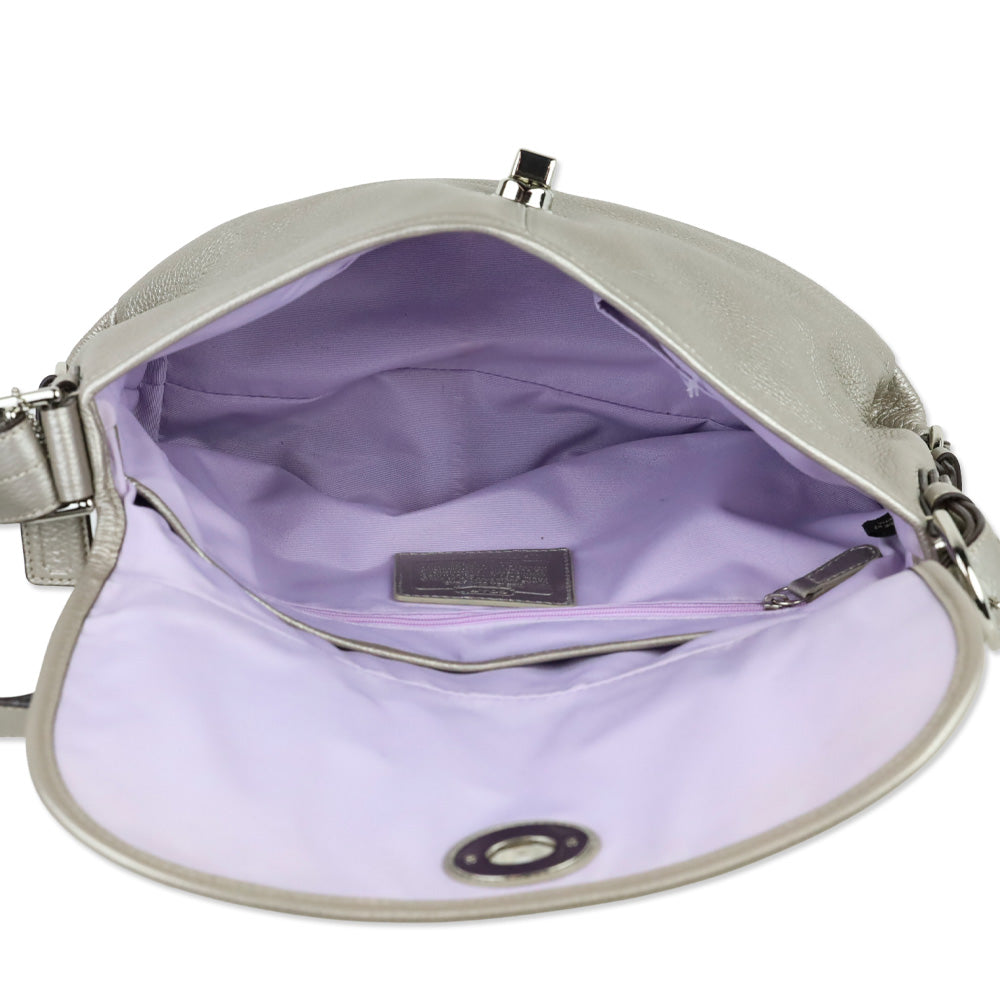 Coach F15170 Metallic Silver Pebbled Leather Flap Legacy Hobo Bag