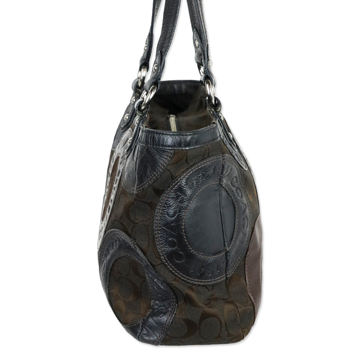 Coach F15466 Brown Patent/Canvas/Leather Circle Mosaic Patchwork East West Tote