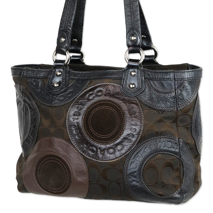 Coach F15466 Brown Patent/Canvas/Leather Circle Mosaic Patchwork East West Tote