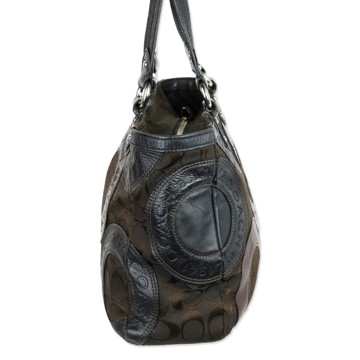 Coach F15466 Brown Patent/Canvas/Leather Circle Mosaic Patchwork East West Tote