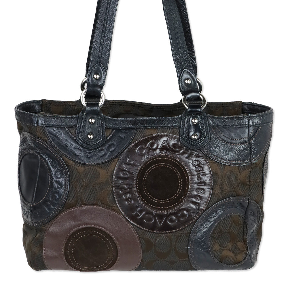 Coach F15466 Brown Patent/Canvas/Leather Circle Mosaic Patchwork East West Tote