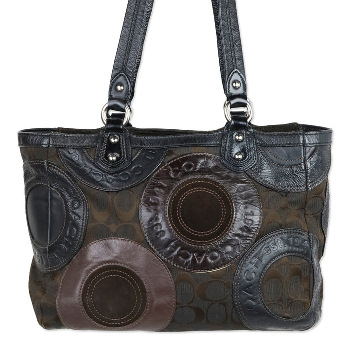 Coach F15466 Brown Patent/Canvas/Leather Circle Mosaic Patchwork East West Tote