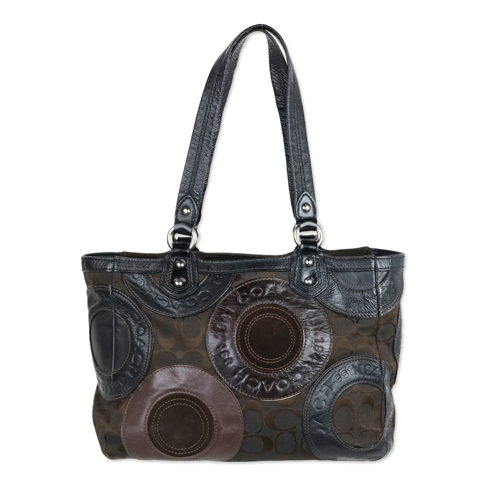 Coach F15466 Brown Patent/Canvas/Leather Circle Mosaic Patchwork East West Tote