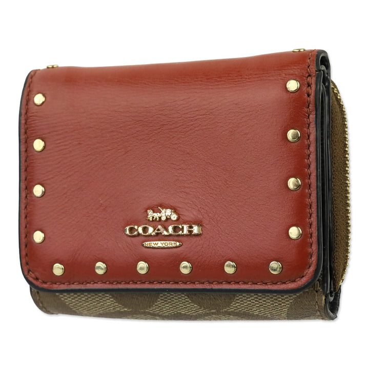 Coach Khaki/Terracotta Multi Signature Riley Rivets Small Trifold Wallet