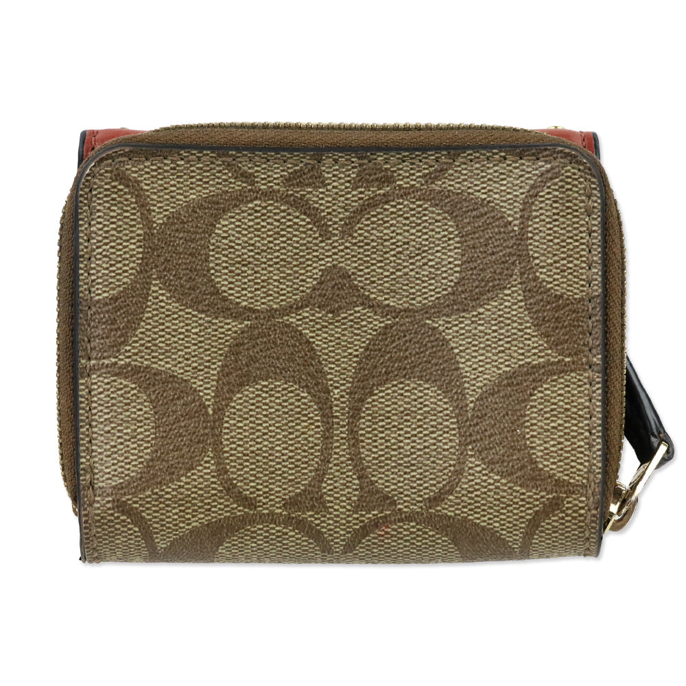 Coach Khaki/Terracotta Multi Signature Riley Rivets Small Trifold Wallet