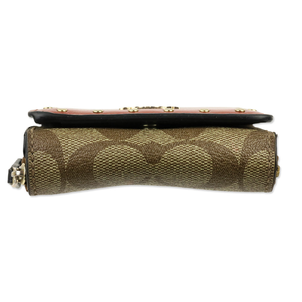 Coach Khaki/Terracotta Multi Signature Riley Rivets Small Trifold Wallet