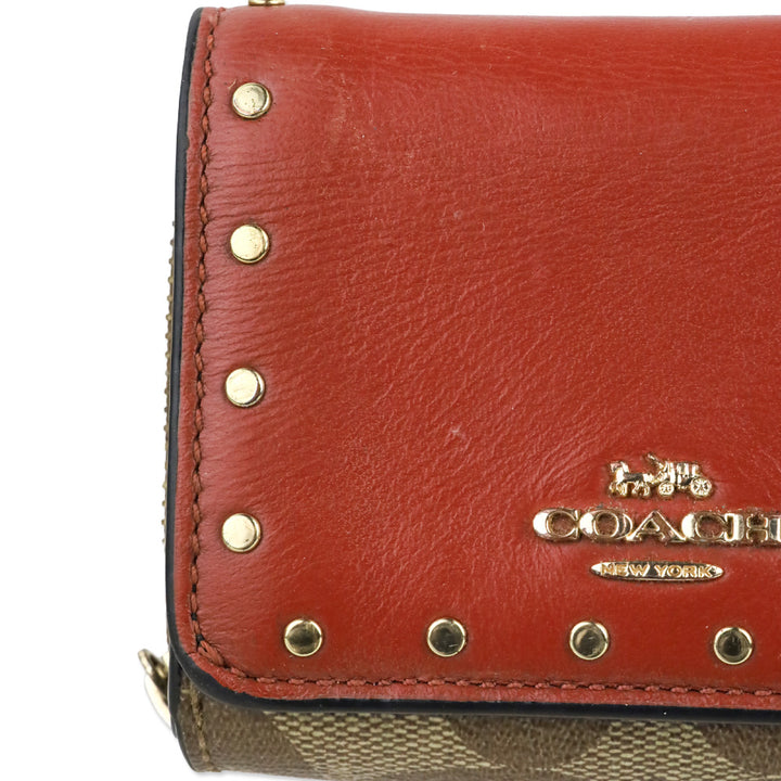 Coach Khaki/Terracotta Multi Signature Riley Rivets Small Trifold Wallet