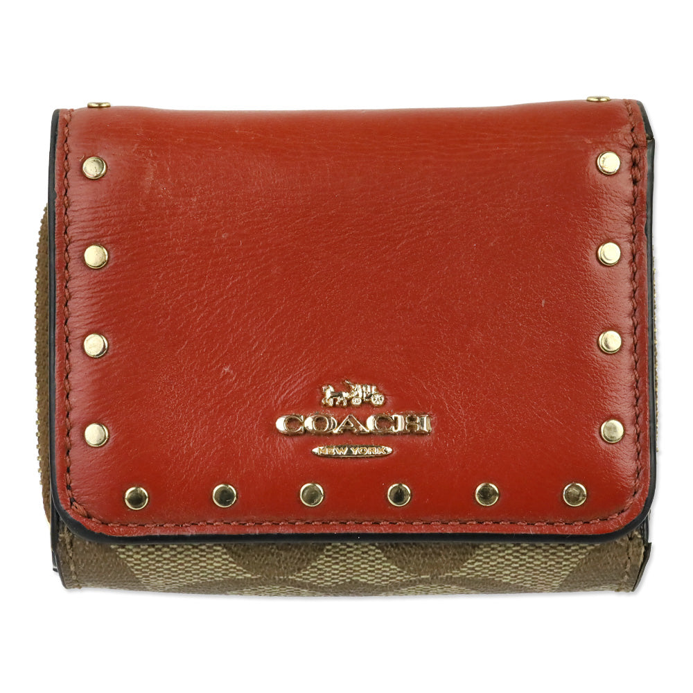 Coach Khaki/Terracotta Multi Signature Riley Rivets Small Trifold Wallet