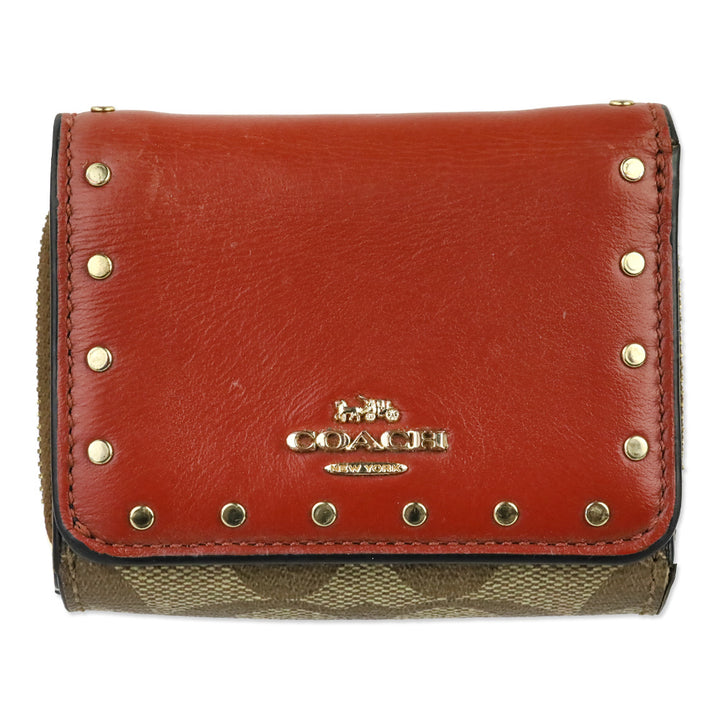 Coach Khaki/Terracotta Multi Signature Riley Rivets Small Trifold Wallet