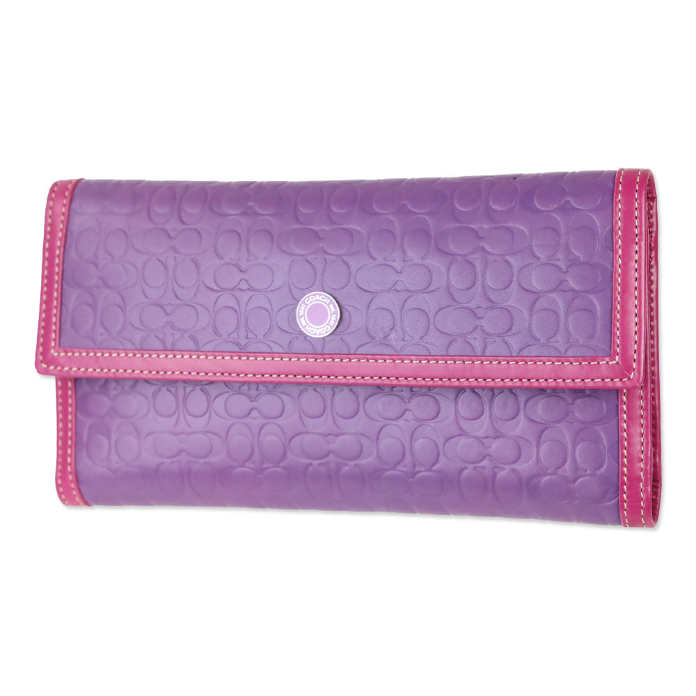 Coach Purple Leather Signature Monogram Embossed Colorblock Trifold Checkbook Wallet