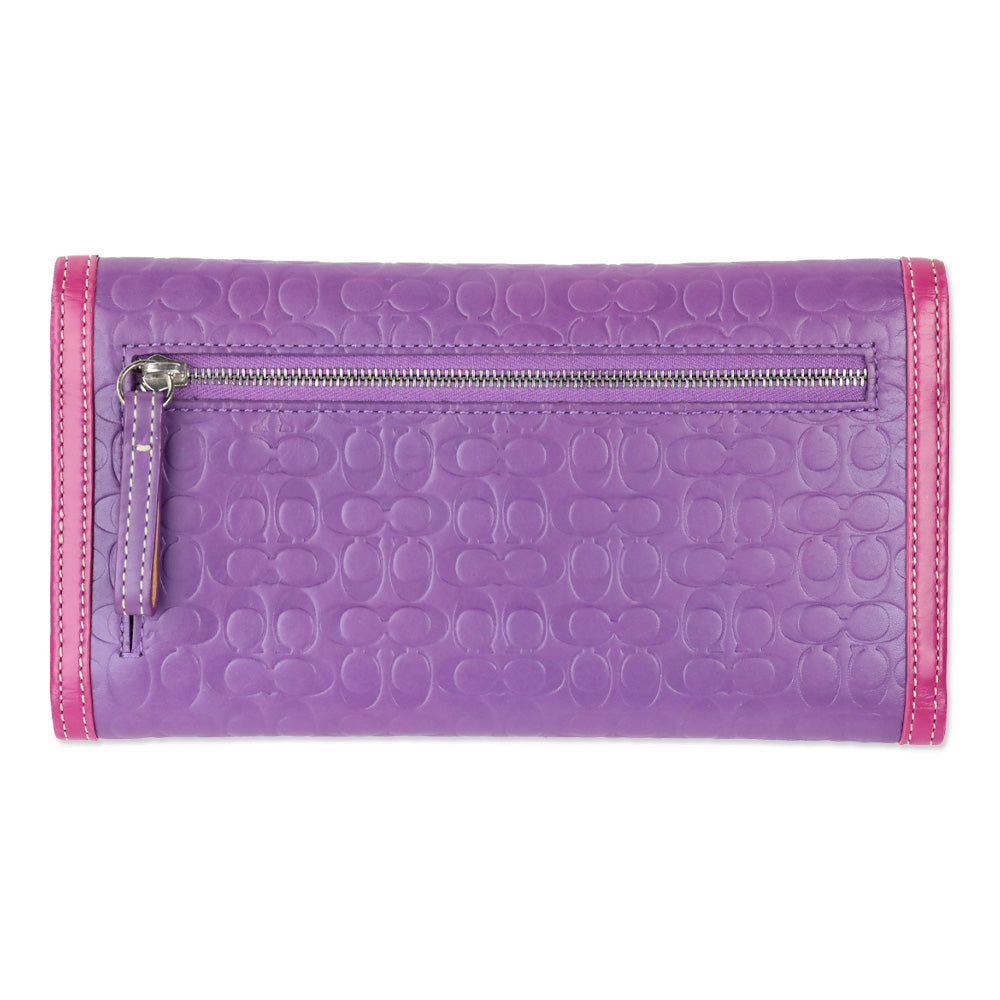 Coach Purple Leather Signature Monogram Embossed Colorblock Trifold Checkbook Wallet