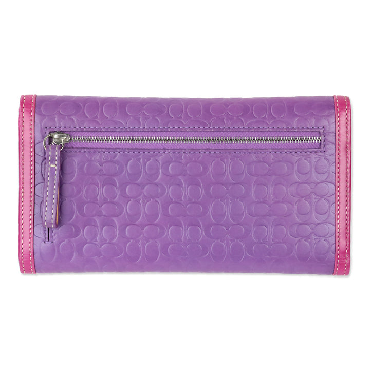 Coach Purple Leather Signature Monogram Embossed Colorblock Trifold Checkbook Wallet