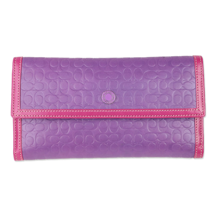 Coach Purple Leather Signature Monogram Embossed Colorblock Trifold Checkbook Wallet