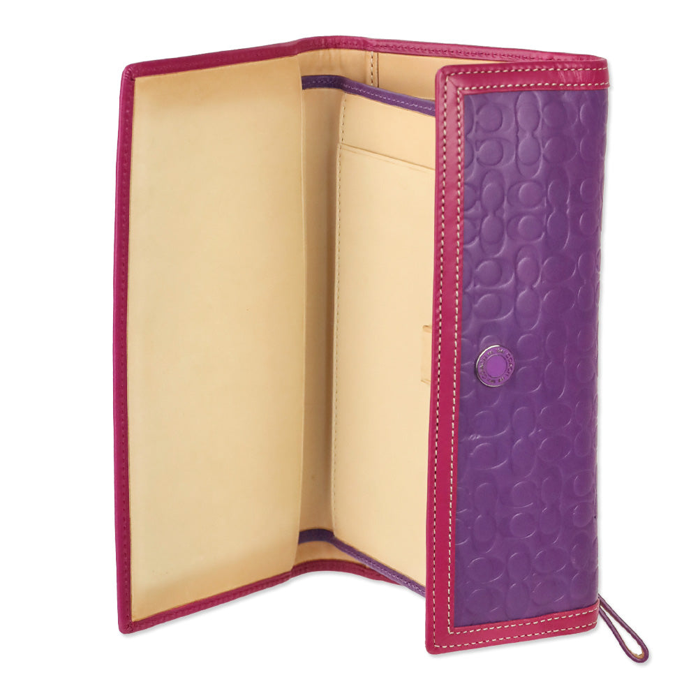 Coach Purple Leather Signature Monogram Embossed Colorblock Trifold Checkbook Wallet