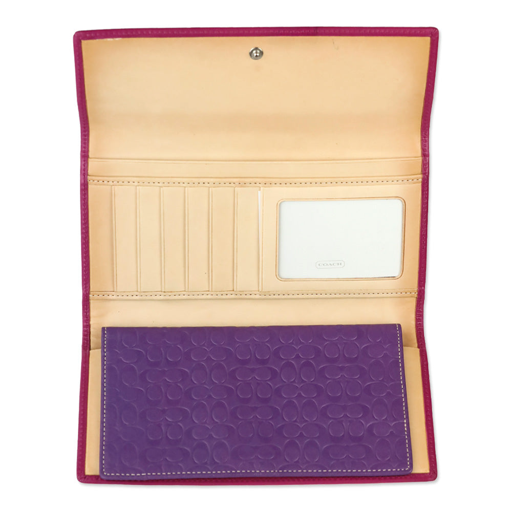 Coach Purple Leather Signature Monogram Embossed Colorblock Trifold Checkbook Wallet