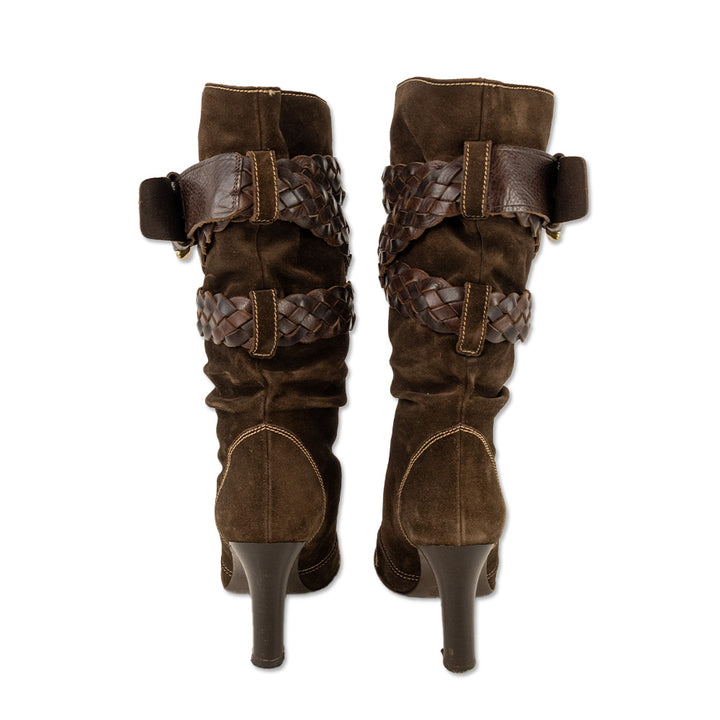 Coach Randie Brown Suede Braided Leather Buckle Mid-Calf Boots