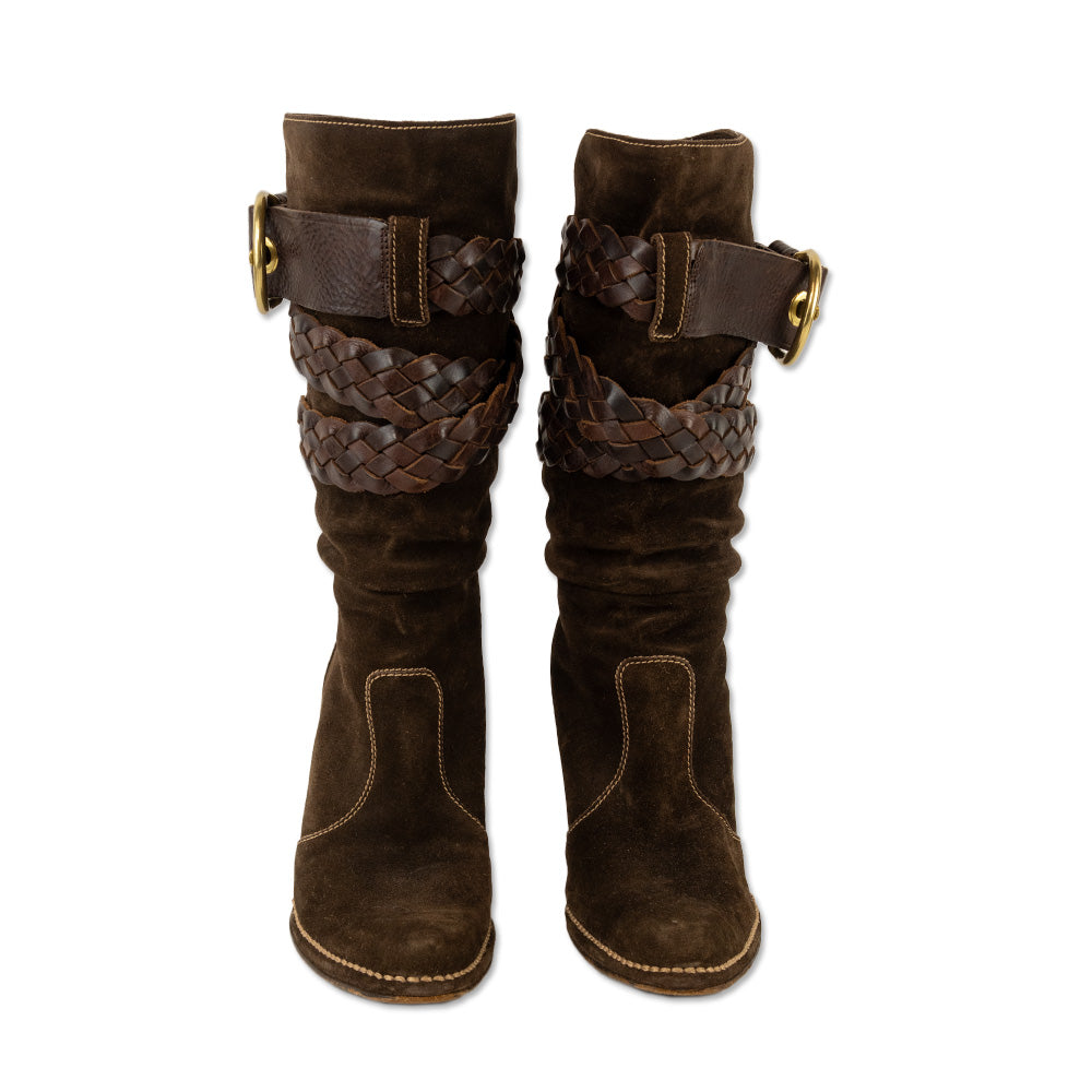 Coach Randie Brown Suede Braided Leather Buckle Mid-Calf Boots