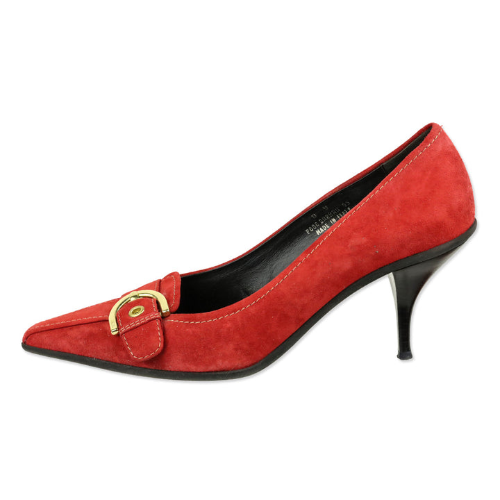Coach Sarrah Red Suede Pointed-Toe Gold Buckle Pumps