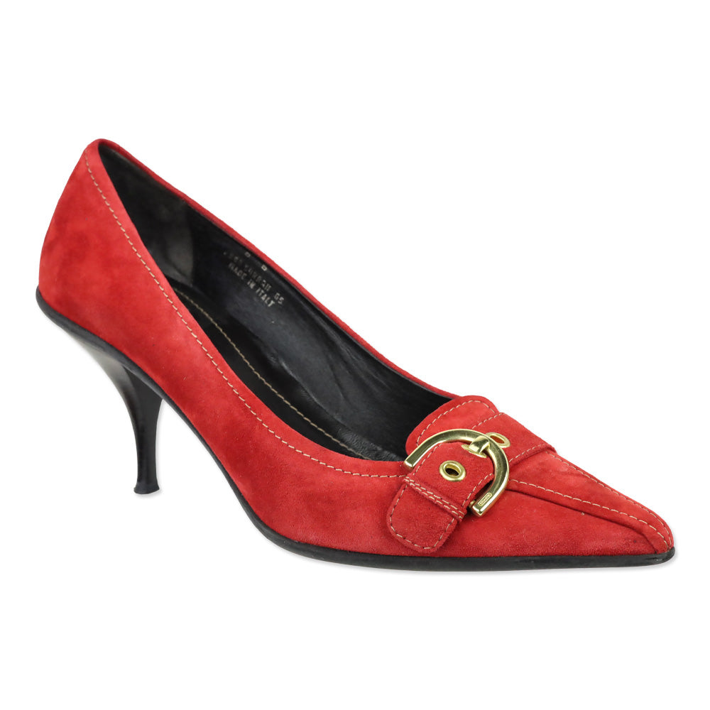 Coach Sarrah Red Suede Pointed-Toe Gold Buckle Pumps