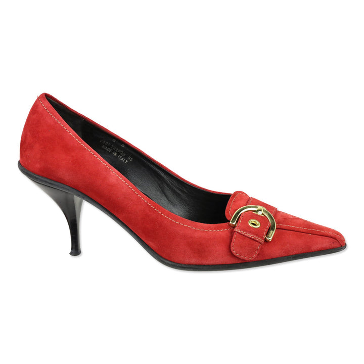 Coach Sarrah Red Suede Pointed-Toe Gold Buckle Pumps