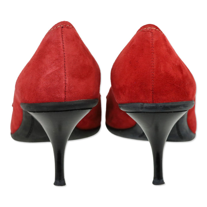 Coach Sarrah Red Suede Pointed-Toe Gold Buckle Pumps