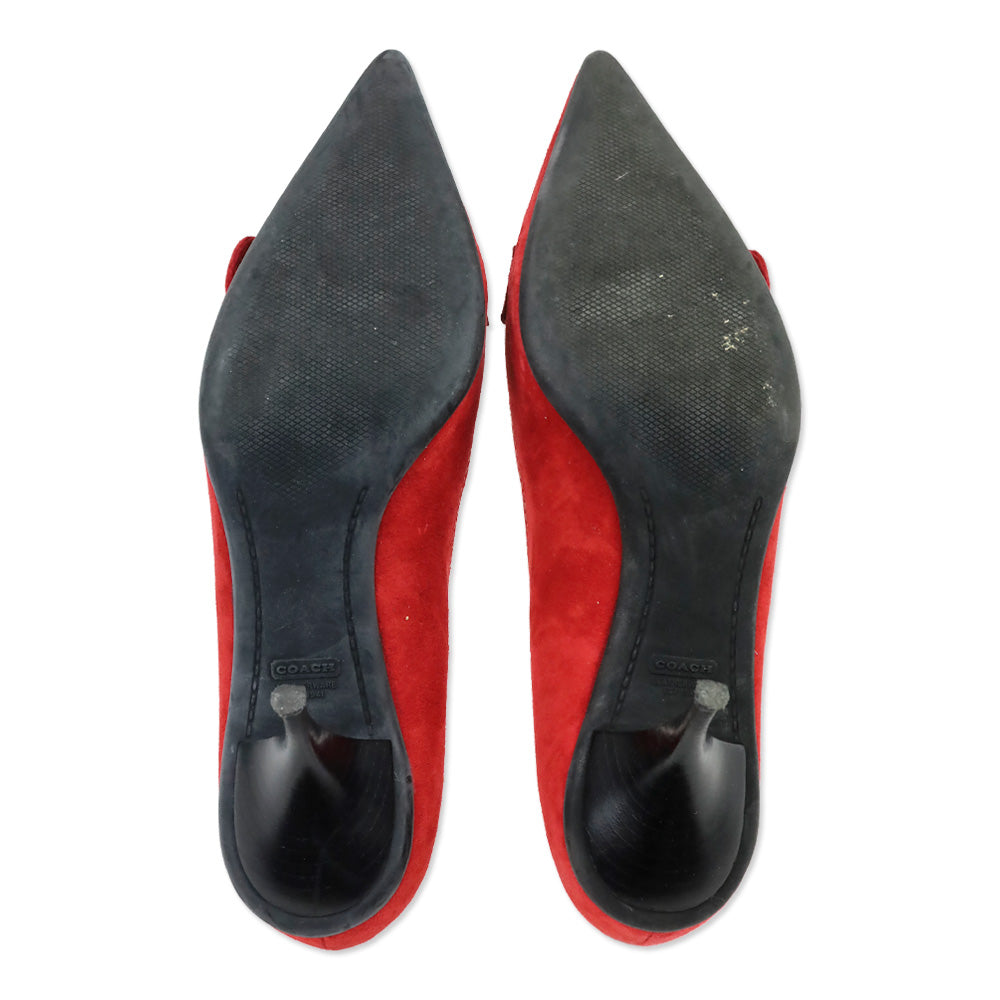 Coach Sarrah Red Suede Pointed-Toe Gold Buckle Pumps