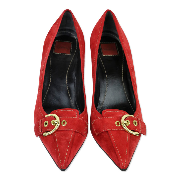 Coach Sarrah Red Suede Pointed-Toe Gold Buckle Pumps