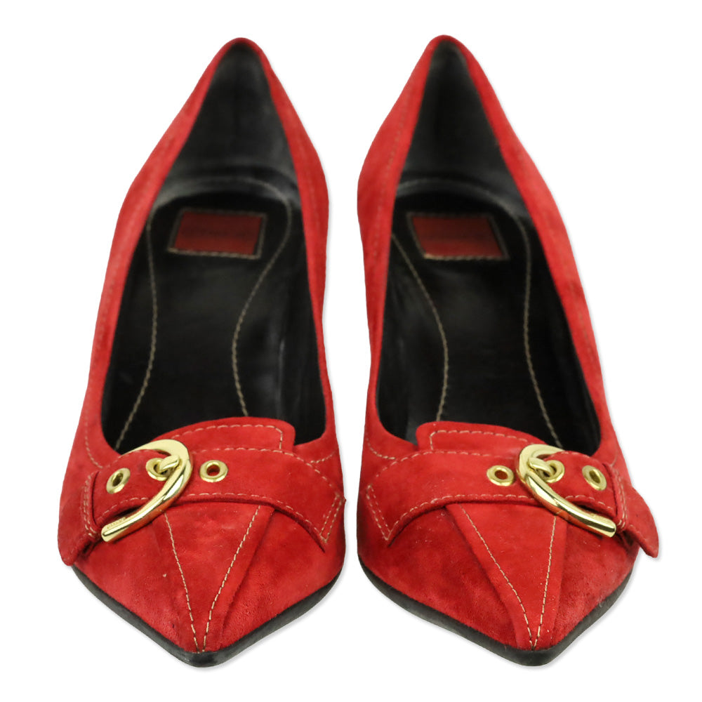 Coach Sarrah Red Suede Pointed-Toe Gold Buckle Pumps