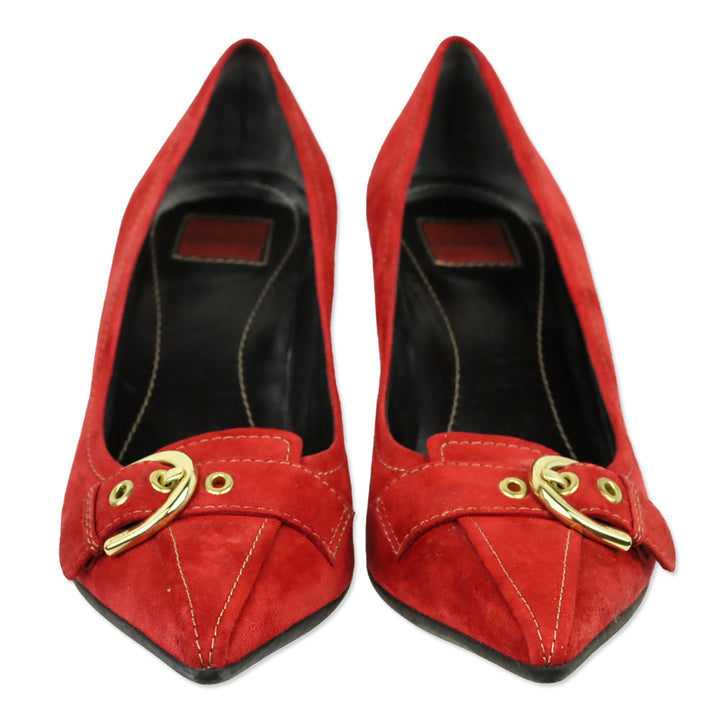 Coach Sarrah Red Suede Pointed-Toe Gold Buckle Pumps