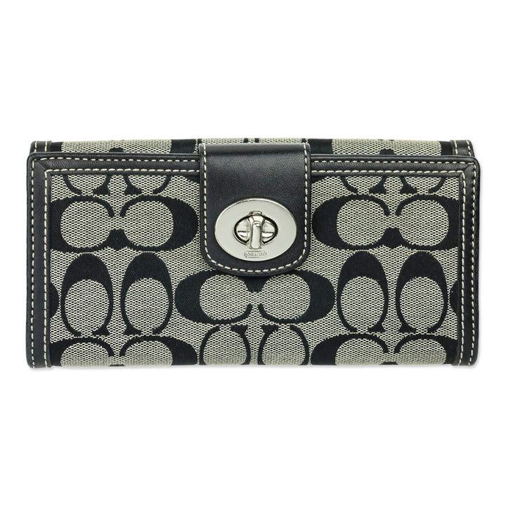 Coach Signature Black Canvas & Leather Trim Turnlock Trifold Wallet