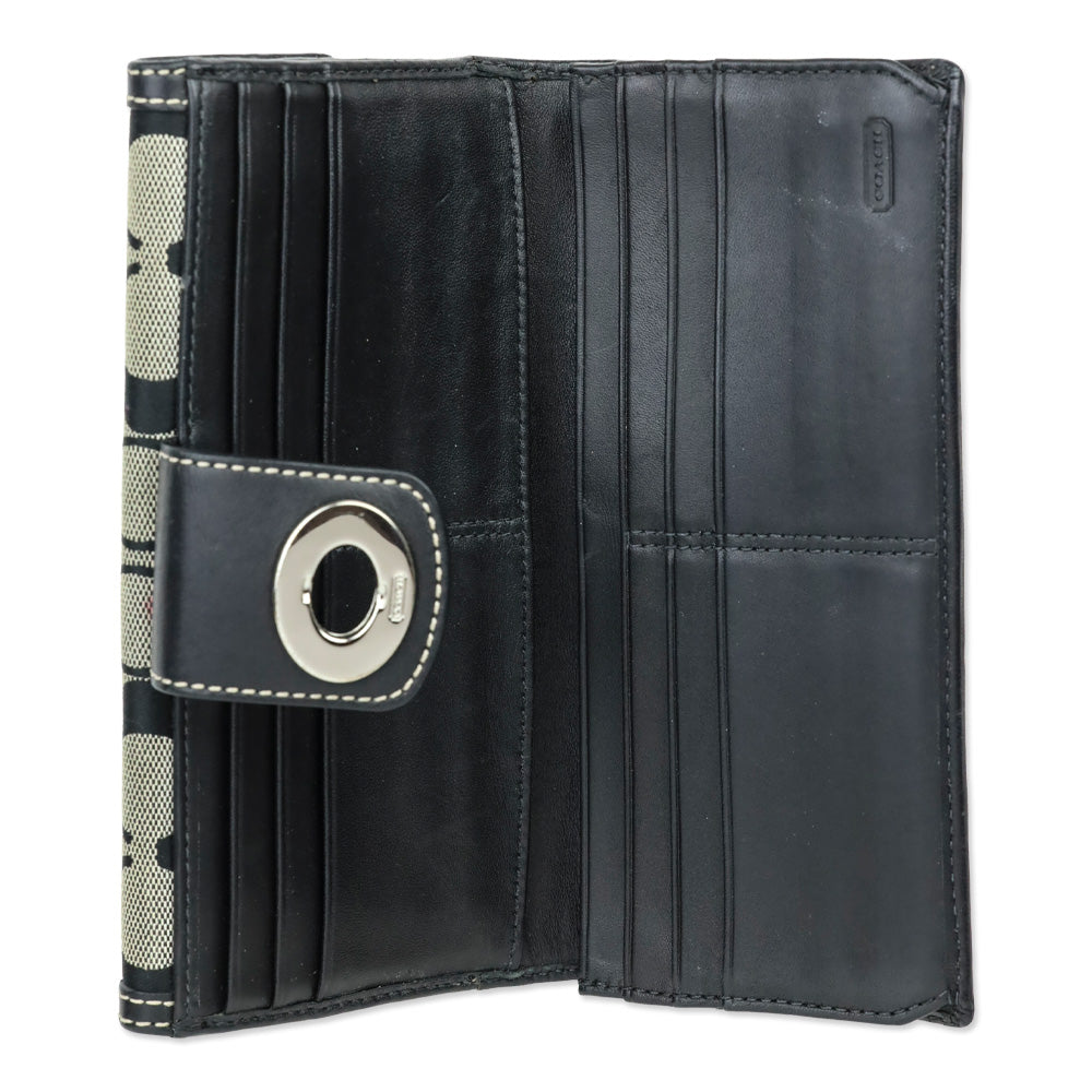 Coach Signature Black Canvas & Leather Trim Turnlock Trifold Wallet