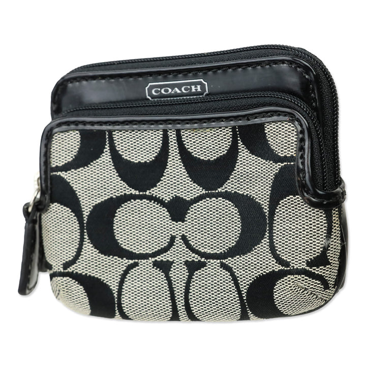 Coach Signature Black Monogram Canvas & Patent Leather Double Zip Mini Coin Purse