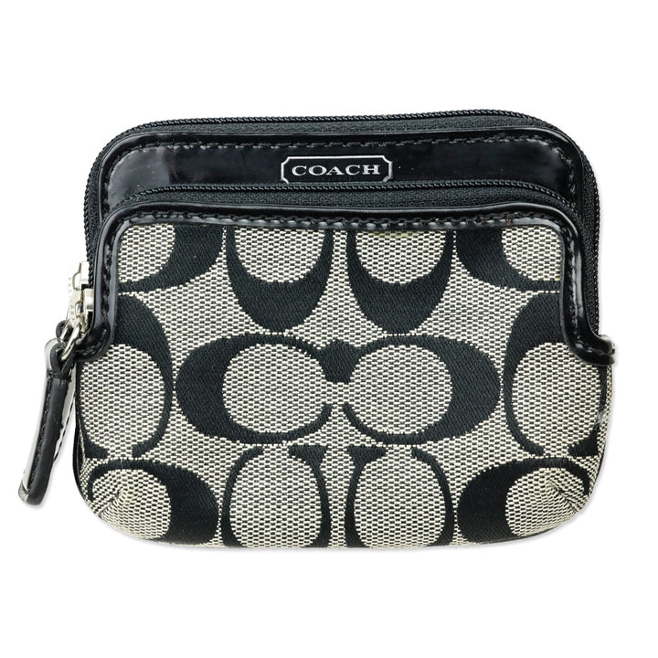 Coach Signature Black Monogram Canvas & Patent Leather Double Zip Mini Coin Purse