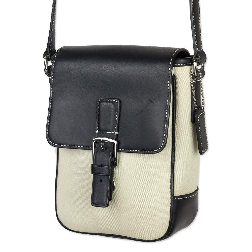 Coach Tan Canvas/ Black Leather Accent Crossbody Camera Bag