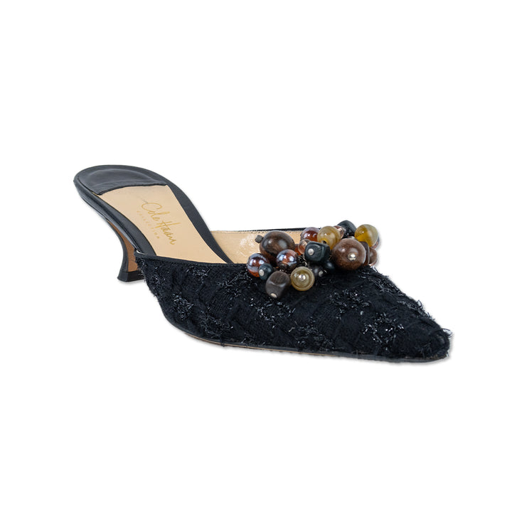 Cole Haan Black Beaded Tweed Mule Kitten Heel Pumps