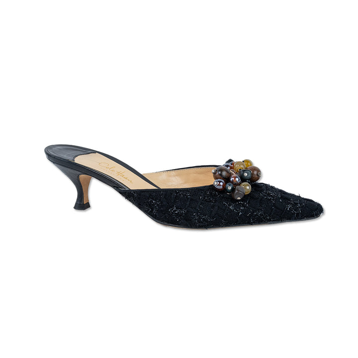 Cole Haan Black Beaded Tweed Mule Kitten Heel Pumps