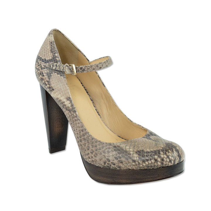 Cole Haan Snakeskin Wood Heel Platform Pumps with Ankle Strap