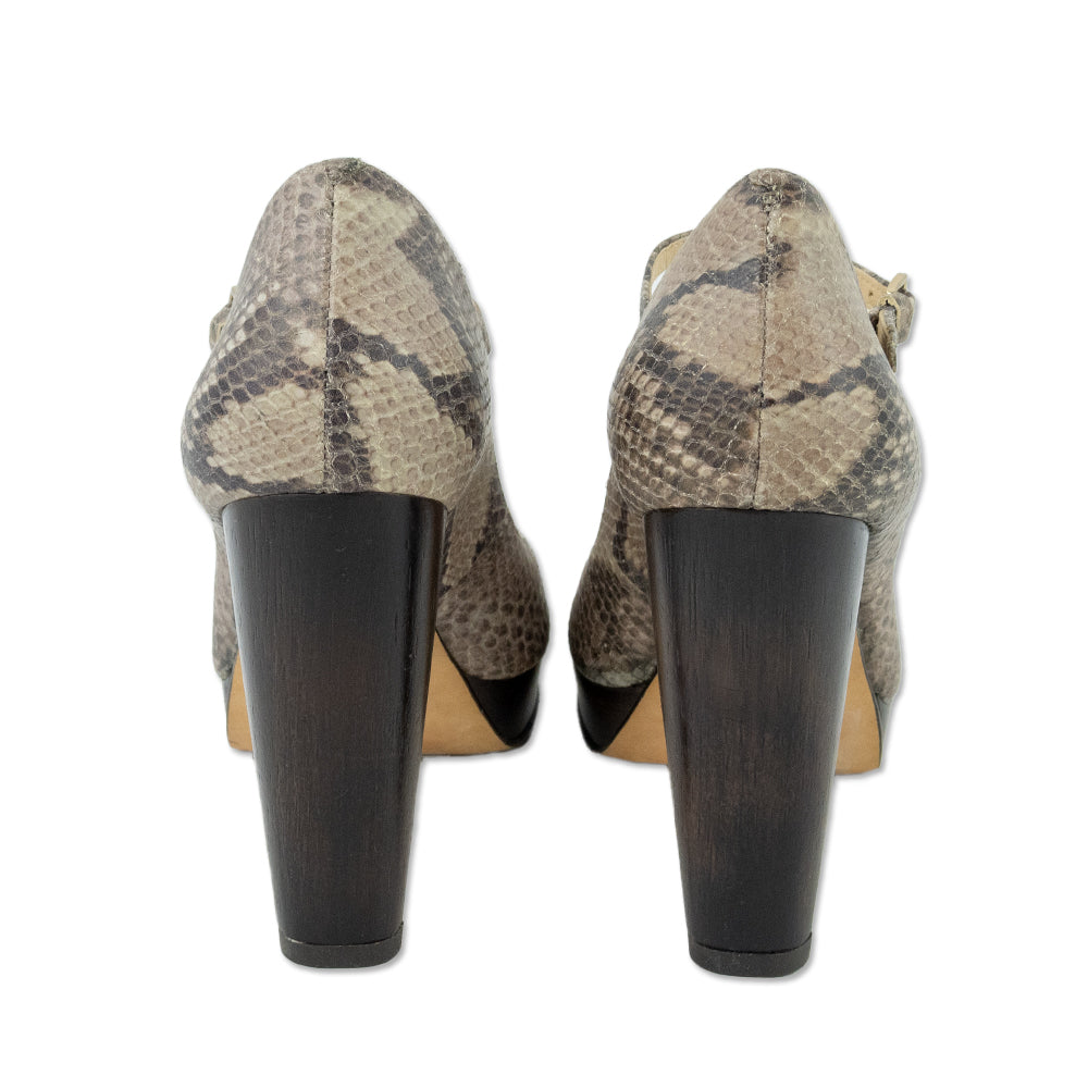 Cole Haan Snakeskin Wood Heel Platform Pumps with Ankle Strap