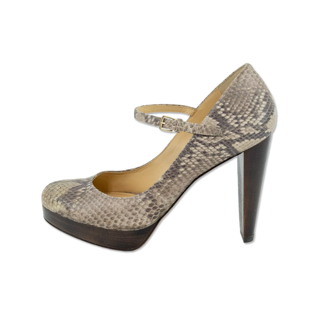 Cole Haan Snakeskin Wood Heel Platform Pumps with Ankle Strap