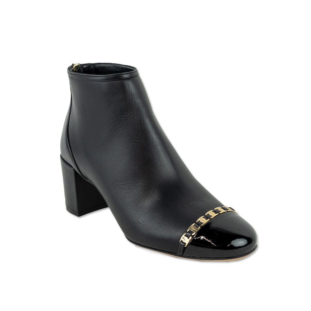 Salvatore Ferragamo Vara Atri Cap-Toe Black Leather Ankle Boots