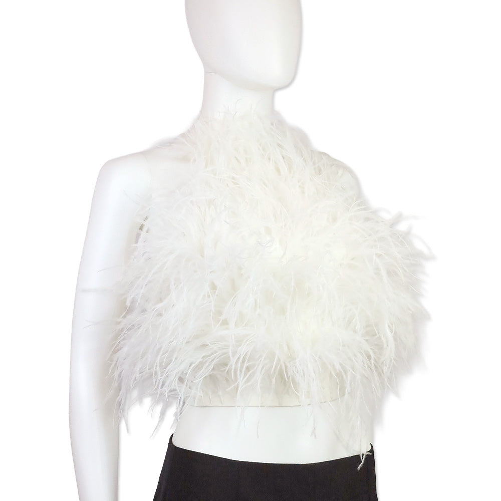 Cult Gaia Joey Off-White Ostrich Feather Halter Top