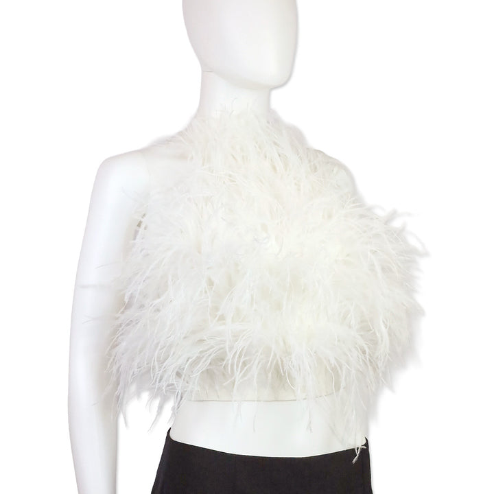 Cult Gaia Joey Off-White Ostrich Feather Halter Top