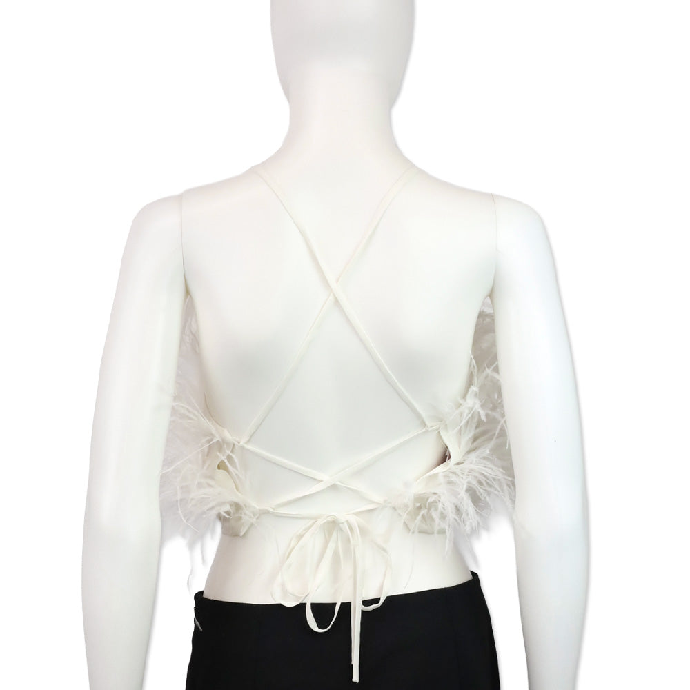 Cult Gaia Joey Off-White Ostrich Feather Halter Top