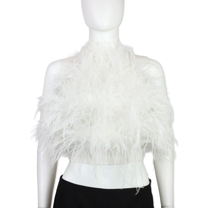 Cult Gaia Joey Off-White Ostrich Feather Halter Top