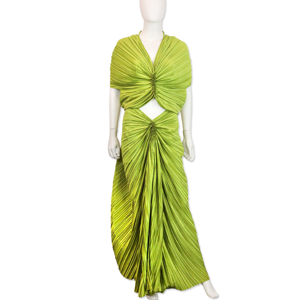 Cult Gaia Pine Green Plissé Satin Iza Maxi Skirt