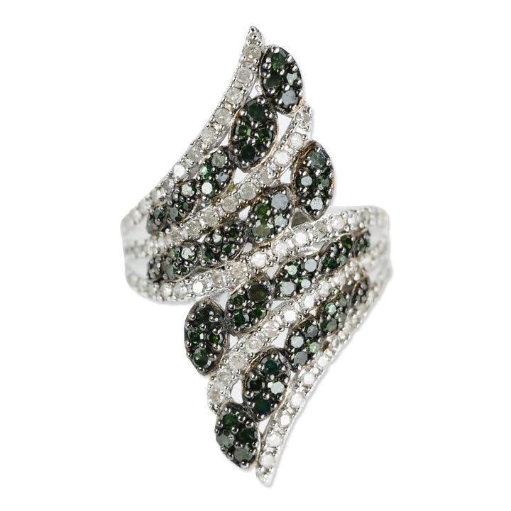 D'Joy Green and White Diamond Bypass Ring in Platinum Over Sterling Silver
