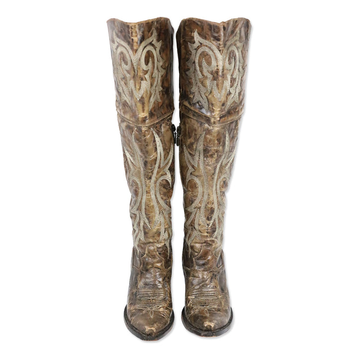 Dan Post Brown Distressed Leather Jilted Knee-High Western Boots