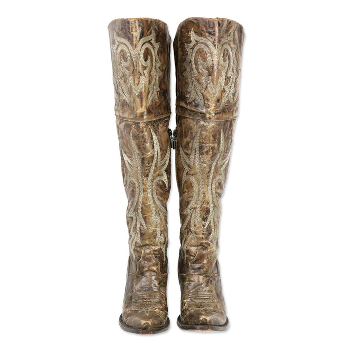 Dan Post Brown Distressed Leather Jilted Knee-High Western Boots
