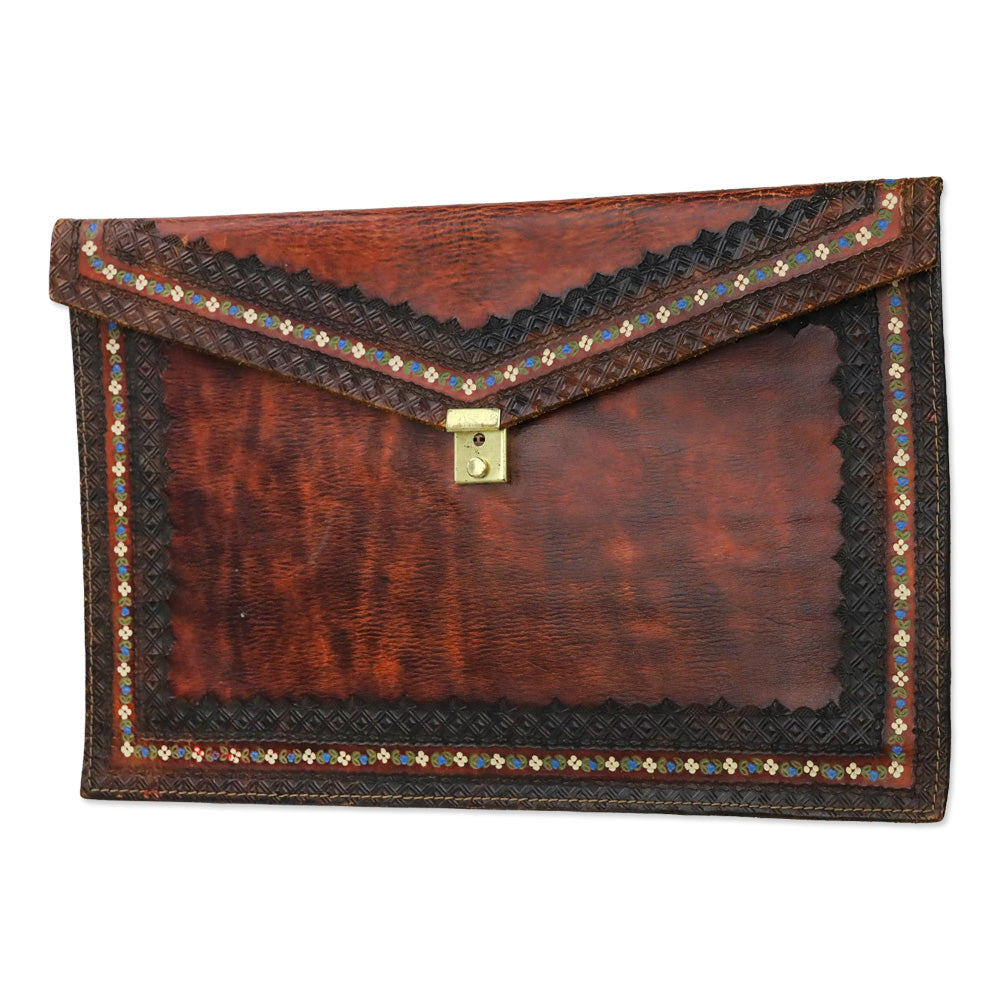 Dark Brown Leather Floral Heat Embossed Border Large Envelope Clutch